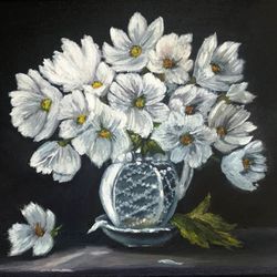 Black Oil Painting White flowers in a white vase White cosmea Art Oil on canvas Wall Decoration Black Background