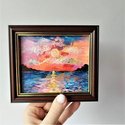 Sunset landscape acrylic painting impasto small wall art