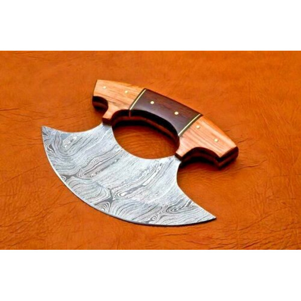 Hand Forged Damascus Steel Alaska Ulu Knife w Wooden handle pizza Cutter knife.jpg