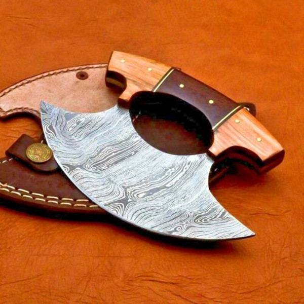 Hand Forged Damascus Steel Alaska Ulu Knife w Wooden handle pizza Cutter knife 1.jpg