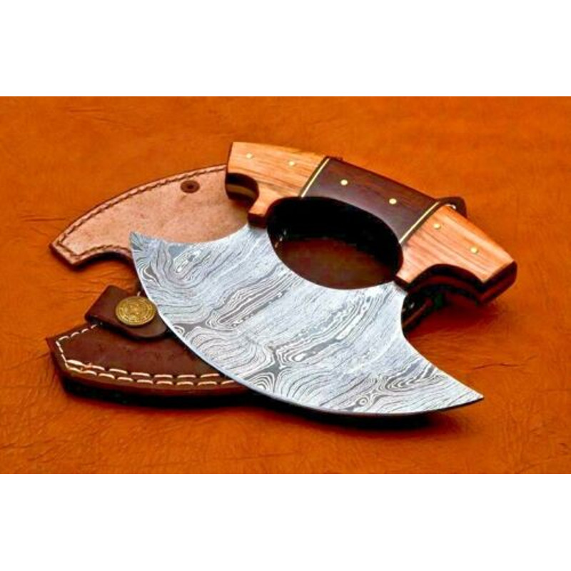 Hand Forged Damascus Steel Alaska Ulu Knife w Wooden handle pizza Cutter knife 2.jpg