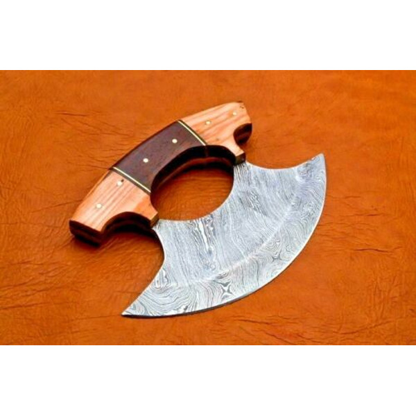 Hand Forged Damascus Steel Alaska Ulu Knife w Wooden handle pizza Cutter knife 3.jpg