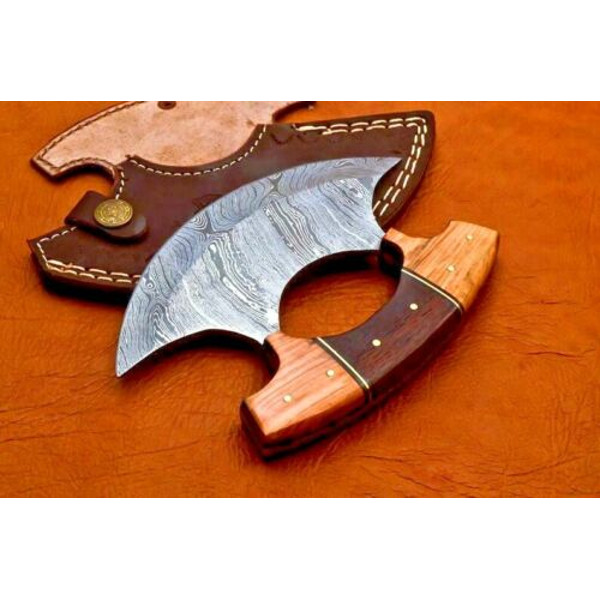Hand Forged Damascus Steel Alaska Ulu Knife w Wooden handle pizza Cutter knife 5.jpg