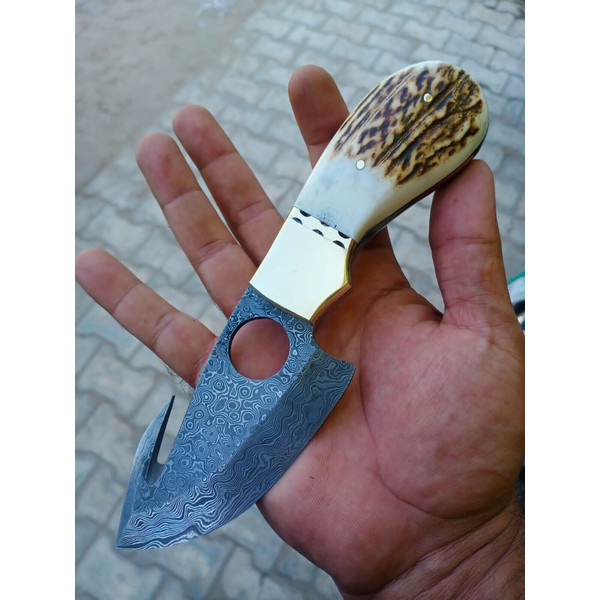 Hand Forged Fixed Blade Skinning Knife, Gut Hook, Stag Antler Handle, Skinner,1.jpg
