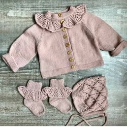 baby knitted cardigan, socks and bonnet gift set