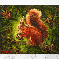 Squirrel Painting Animal Original Art Woodland Pine Tree Painting Realism Canvas Art Forest 20" x 24" By Colibri Art