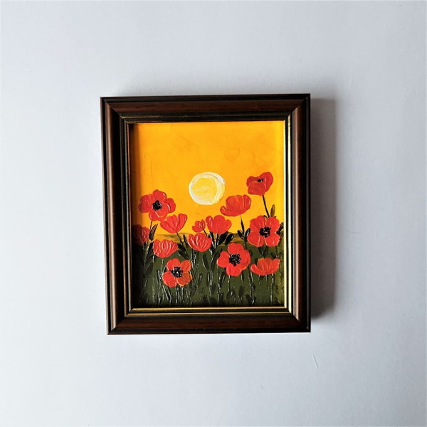 Sunset-landscape-painting-poppy-flower-framed-art-impasto-small-wall-decor.jpg