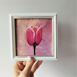 Flower painting acrylic pink tulip art small wall decor