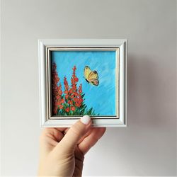 Small painting impasto yellow butterfly wall art framed