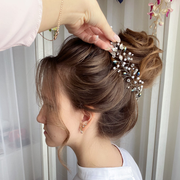 Blue crystal branch, Bridal vine, Rhinestone decoration, Sparkling hair slide, Headband, on the bride