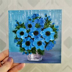 Flower painting blue floral canvas wall art impasto
