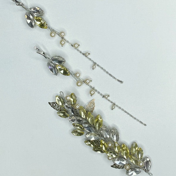 Wedding jewelry set, Hair branch, Long earrings, Gold jewelry, exhibition sample