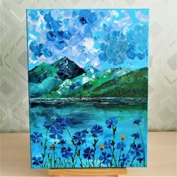 Blue mountain landscape painting textured canvas art impasto