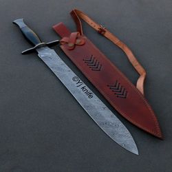 custom hand forged, damascus steel functional sword 27 inches, viking sword, swords battle ready, with sheath