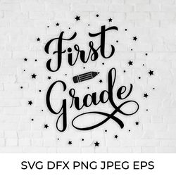 First Grade calligraphy lettering. 1st day of school round sign SVG