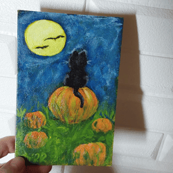 Black cat with orange pumpkin. Original small acrylic painting. Handmade 6 by 4