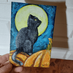 Black cat with orange pumpkin Original small acrylic painting. Handmade 6 by 4