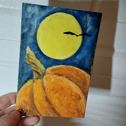 Bats and orange pumpkin. Original small acrylic painting. Handmade 6 by 4