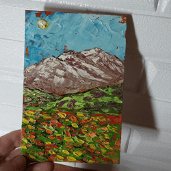 Summer landscape. The mountains. Poppies. Original small oil painting. Handmade 6 by 4
