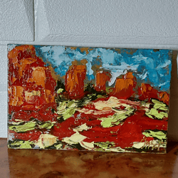Summer landscape. The Red mountains. Poppies. Original small oil painting. Handmade 4 by 6