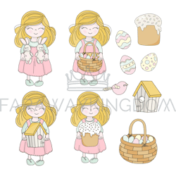 EASTER SET Girl Characters Holiday Vector Illustration Complete