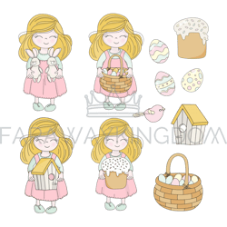 easter set girl characters holiday vector illustration complete