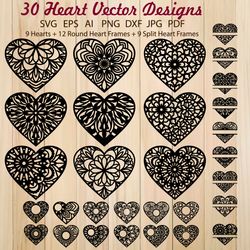 Mandala Lace Hearts SVG Bundle, Heart Monogram Frame Templates for Laser, Paper, Vinyl Cut, Silhouette Cameo, Cricut