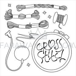 embroidery monochrome sewing supplies vector illustration set