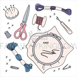 EMBROIDERY WORK Needlewoman Accessories Vector Illustration Set