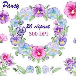 Wild Spring Floral Clipart - Watercolor Spring Clipart - Watercolor Clipart. Pansy. Violets. Spring Bouquets flowers png