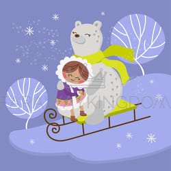 eskimo bear flat design winter girl vector illustration set