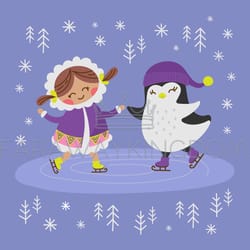 eskimo girl and penguin flat design vector illustration set