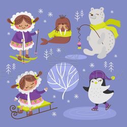 ESKIMO WALRUS Winter Cartoon Animal Vector Illustration Set