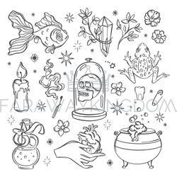 esoteric symbols monochrome witchcraft element doodle set