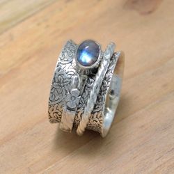 Moonstone 925 Silver Fidget Spinner Ring, Anxiety Tarnish Free Ring