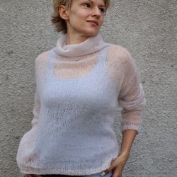 Soft mohair sweater women, Hand knit oversize, See through pullover, Pearly white turtleneck sweater, Gift for h