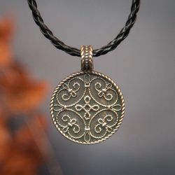 Pendant with ornament on black leather cord. Haithabu replica. Viking jewelry. Scandinavian pagan handcrafted necklace.