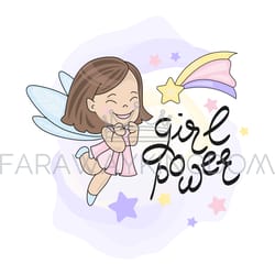 fairy fly star girl and lettering vector illustration set