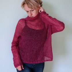 Soft mohair sweater women, Hand knit oversize, See through pullover, Red bordeaux turtleneck sweater, Gift for h