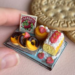Miniature set of desserts with strawberries for dolls