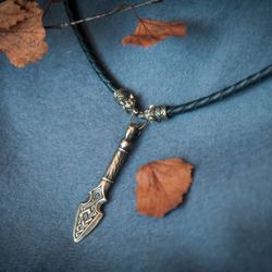 Spear pendant on black leather cord. Warrior weapon necklace. Handcrafted Pike jewelry. Present for him. Pagan art