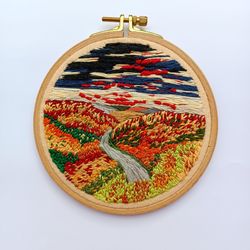 Embroidery Autumn Landscape Hoop Art Wall Hanging Thread Painting Round Wall Decor Gift for Her Him