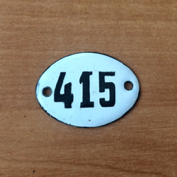 Enamel metal small apt number sign 415 vintage door plate oval
