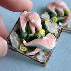 Miniature doll set with fish steaks (salmon) for playing in a dollhouse, scale 1:12, polymer plastic