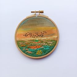 Embroidered Hoop Art Watercolor Design Landscape Wall Decor Small Thread Sunset Painting Home Decor Wall Hanging