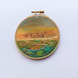 embroidered hoop art watercolor design landscape wall decor small thread sunset painting home decor wall hanging