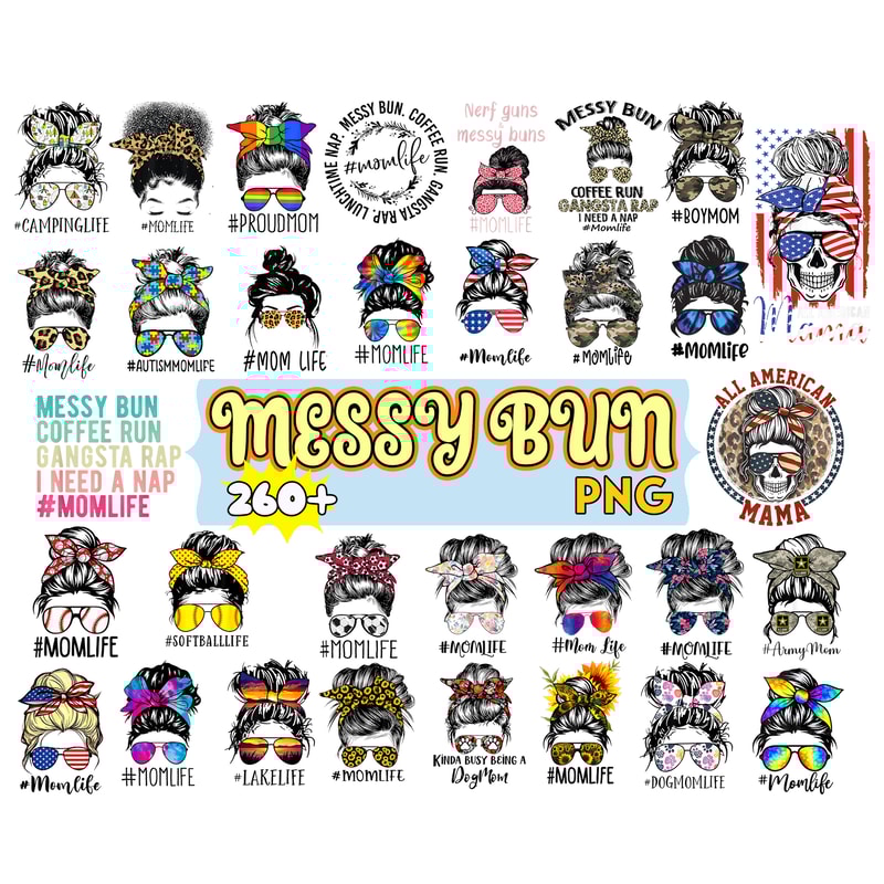 Messy Bun Bundle png, Mom Life png, Mom Skull png, Hair Clipart, Black Woman png, Mom And Daughter png.jpg