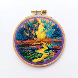 Sky Clouds Landscape Embroidered Hoop Art Thread Painting Wall Hanging Stunning Gift