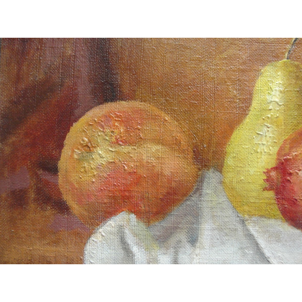 "Peach, pear and pomegranate" fruit oil painting still life original wall art picture small