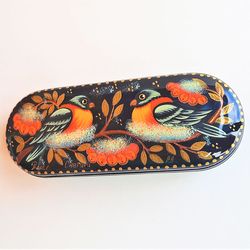 Russian winter themed glasses case Bullfinches - hand painted eyeglass case hard